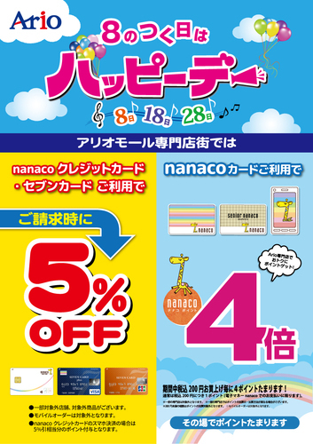 ハッピーデーは　nanaco４倍／nanacoクレジットカード・セブンカードご請求時５％OFF！
