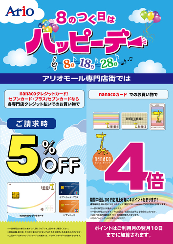 ハッピーデーは　nanaco４倍／nanacoクレジットカード・セブンカードご請求時５％OFF！