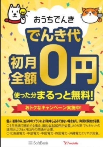 超オトク！！！！でんき代が1ヶ月0円！！！！