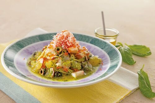 甘えびと夏野菜のマリネ冷製トマトパスタ