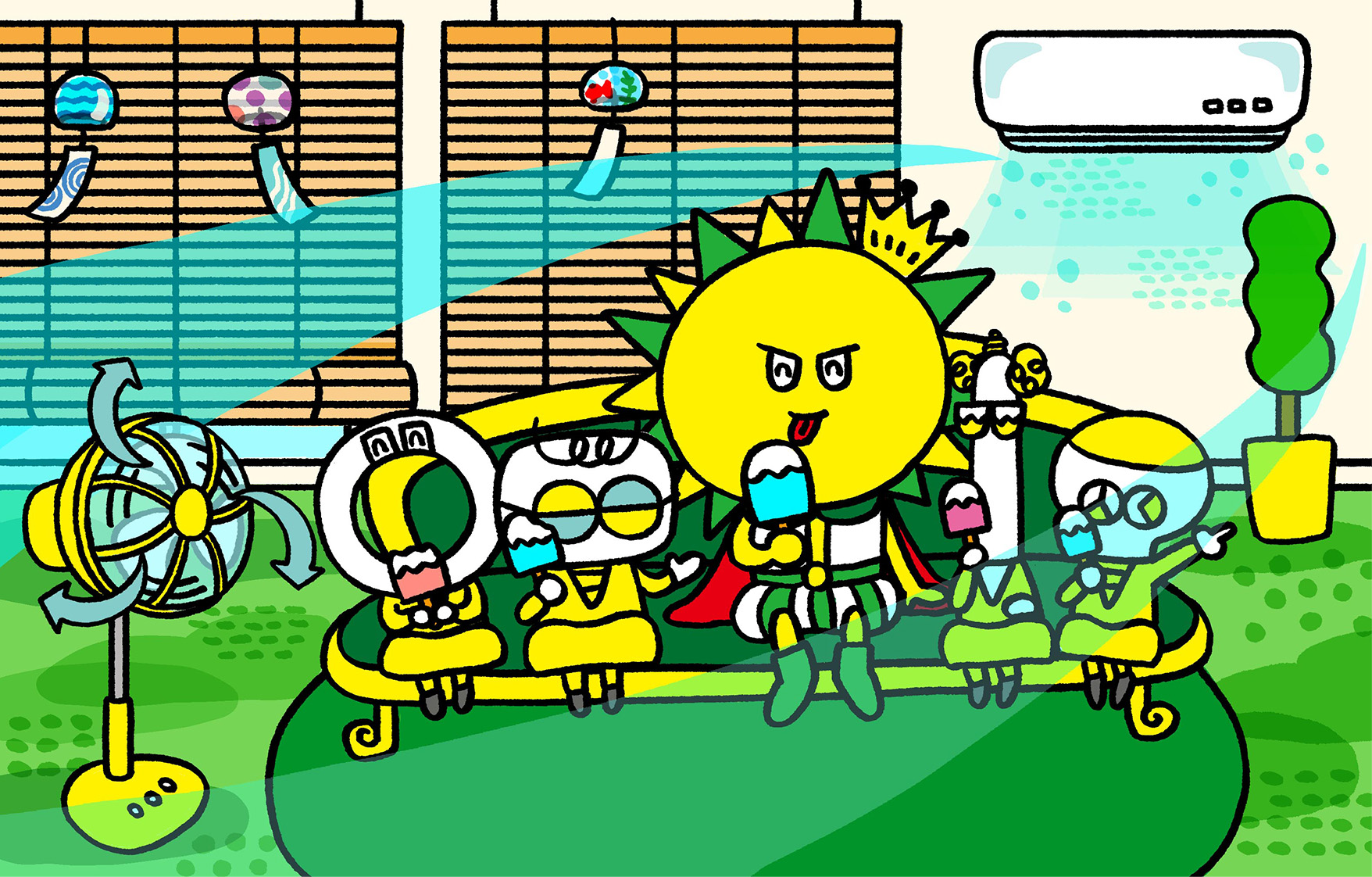 エネビーンズの教えで、適度な設定温度で涼しく感じる工夫をしたお部屋の中でみんなでアイスを食べている。